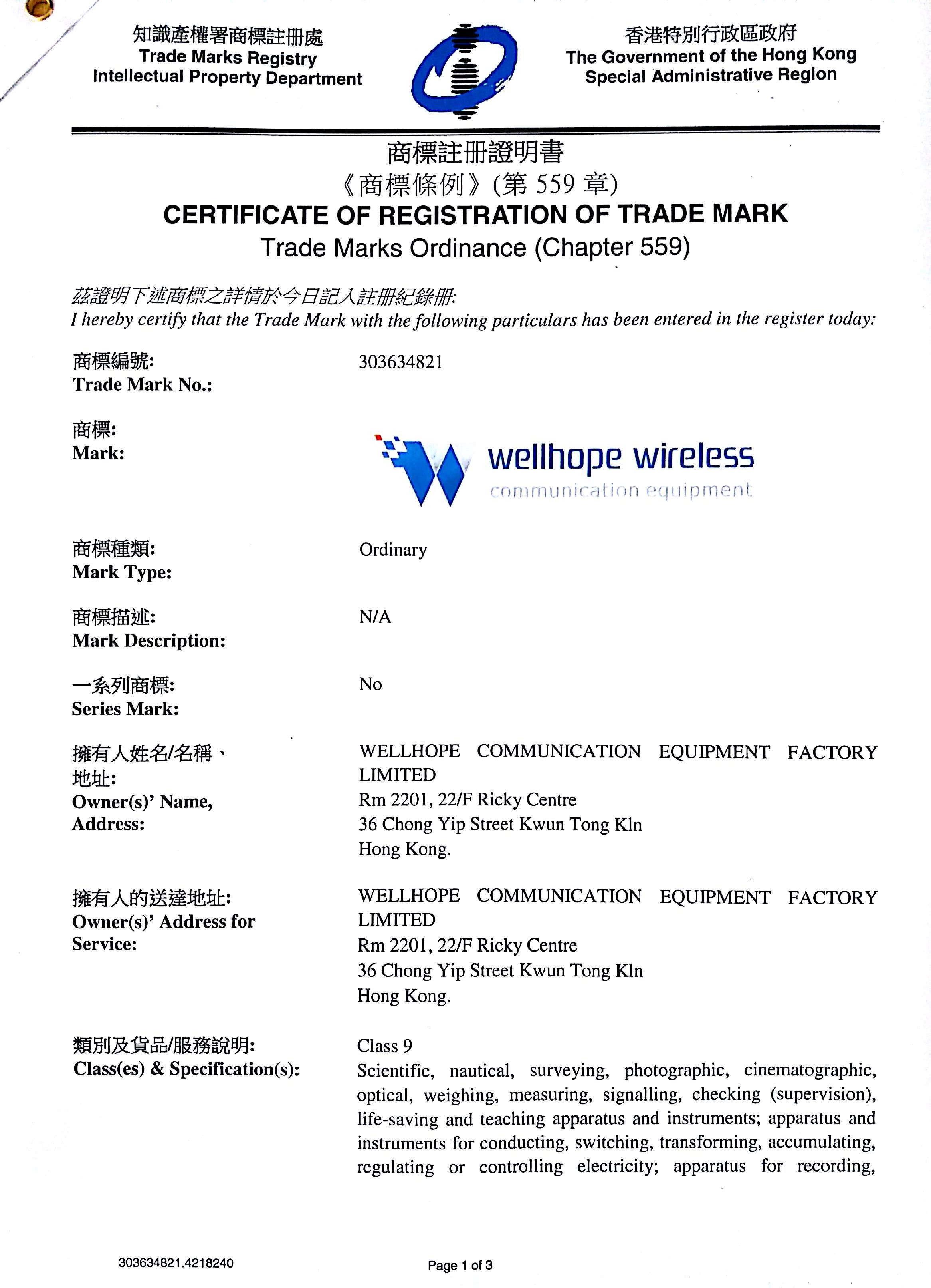 wellhope wireless trademark heeft geregistreerd